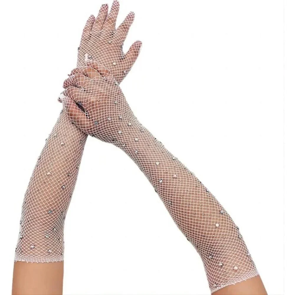 Women's A-Mesh-‌White Rhinestone Sparkly Elbow Length Gloves Halloween Costumes